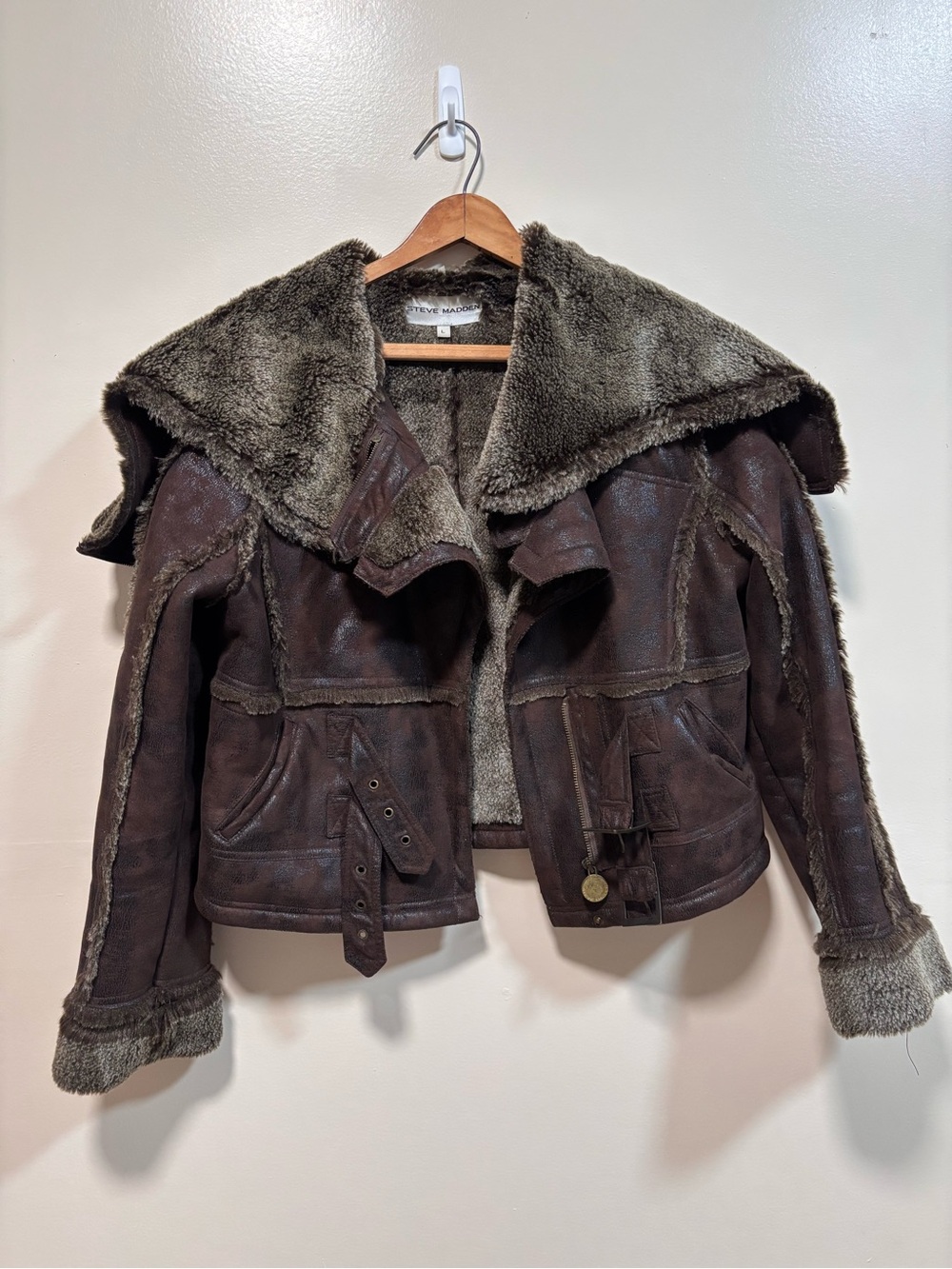 Vintage Steve Madden Dark Brown Faux Shearling Moto Jacket L